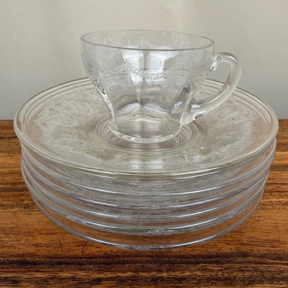 Fostoria Garland Etched Glass Teacup and 8 Saucers Set Clear Vintage Holiday